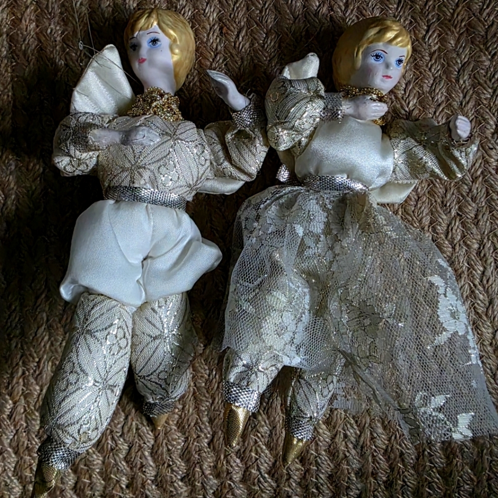 2 Vintage Porcelain Doll Angel Ornaments Lace Pointy Toes